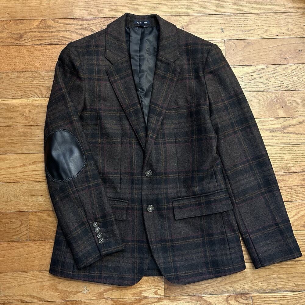 Ll Bean 100% Virgin Wool Plaid Leather Elbow Patch Blazer Suit Jacket 36